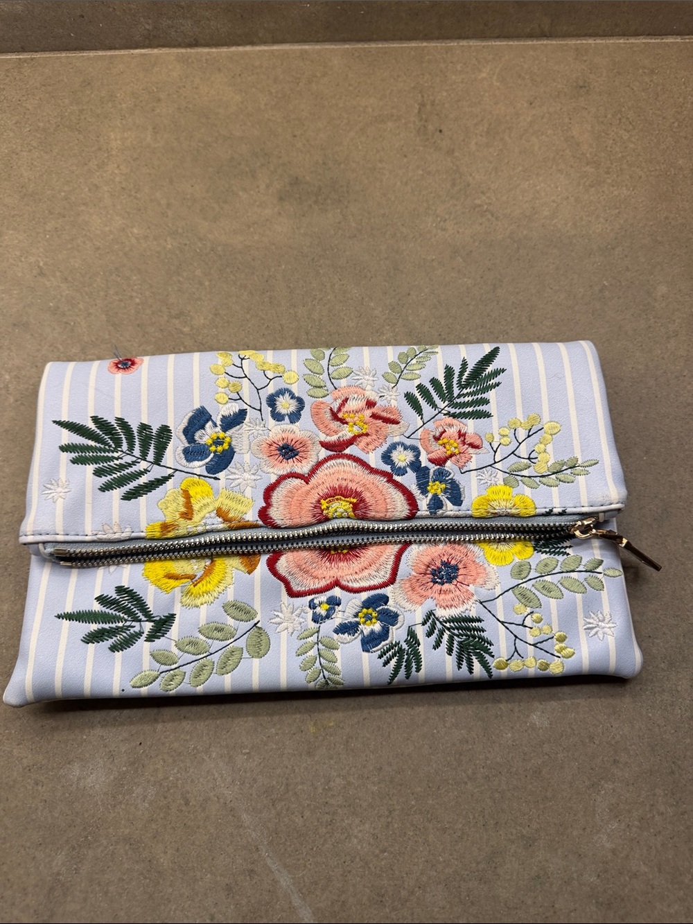 Embroidered Floral Fold-Over Clutch or Crossbody in Light Blue Stripe